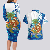 West Indies Christmas Couples Matching Long Sleeve Bodycon Dress and Hawaiian Shirt with Santa Riding Turtle Palm Tree and Tribal Snowflake Design - Wonder Print Shop