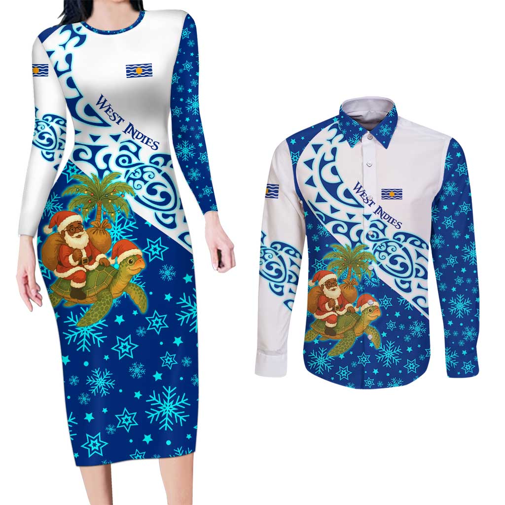 West Indies Christmas Couples Matching Long Sleeve Bodycon Dress and Long Sleeve Button Shirt with Santa Riding Turtle Palm Tree and Tribal Snowflake Design - Wonder Print Shop