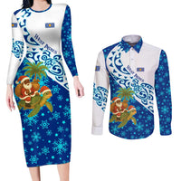 West Indies Christmas Couples Matching Long Sleeve Bodycon Dress and Long Sleeve Button Shirt with Santa Riding Turtle Palm Tree and Tribal Snowflake Design - Wonder Print Shop