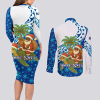 West Indies Christmas Couples Matching Long Sleeve Bodycon Dress and Long Sleeve Button Shirt with Santa Riding Turtle Palm Tree and Tribal Snowflake Design - Wonder Print Shop