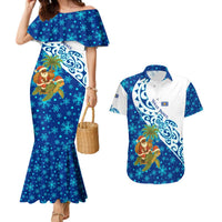 West Indies Christmas Couples Matching Mermaid Dress and Hawaiian Shirt with Santa Riding Turtle Palm Tree and Tribal Snowflake Design - Wonder Print Shop