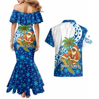 West Indies Christmas Couples Matching Mermaid Dress and Hawaiian Shirt with Santa Riding Turtle Palm Tree and Tribal Snowflake Design - Wonder Print Shop