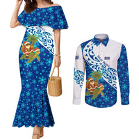 West Indies Christmas Couples Matching Mermaid Dress and Long Sleeve Button Shirt with Santa Riding Turtle Palm Tree and Tribal Snowflake Design - Wonder Print Shop