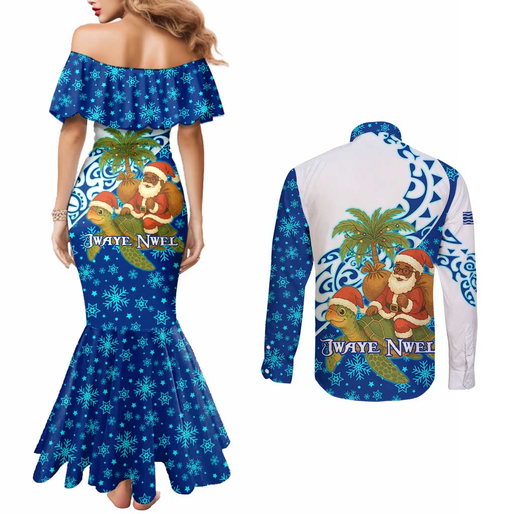 West Indies Christmas Couples Matching Mermaid Dress and Long Sleeve Button Shirt with Santa Riding Turtle Palm Tree and Tribal Snowflake Design - Wonder Print Shop