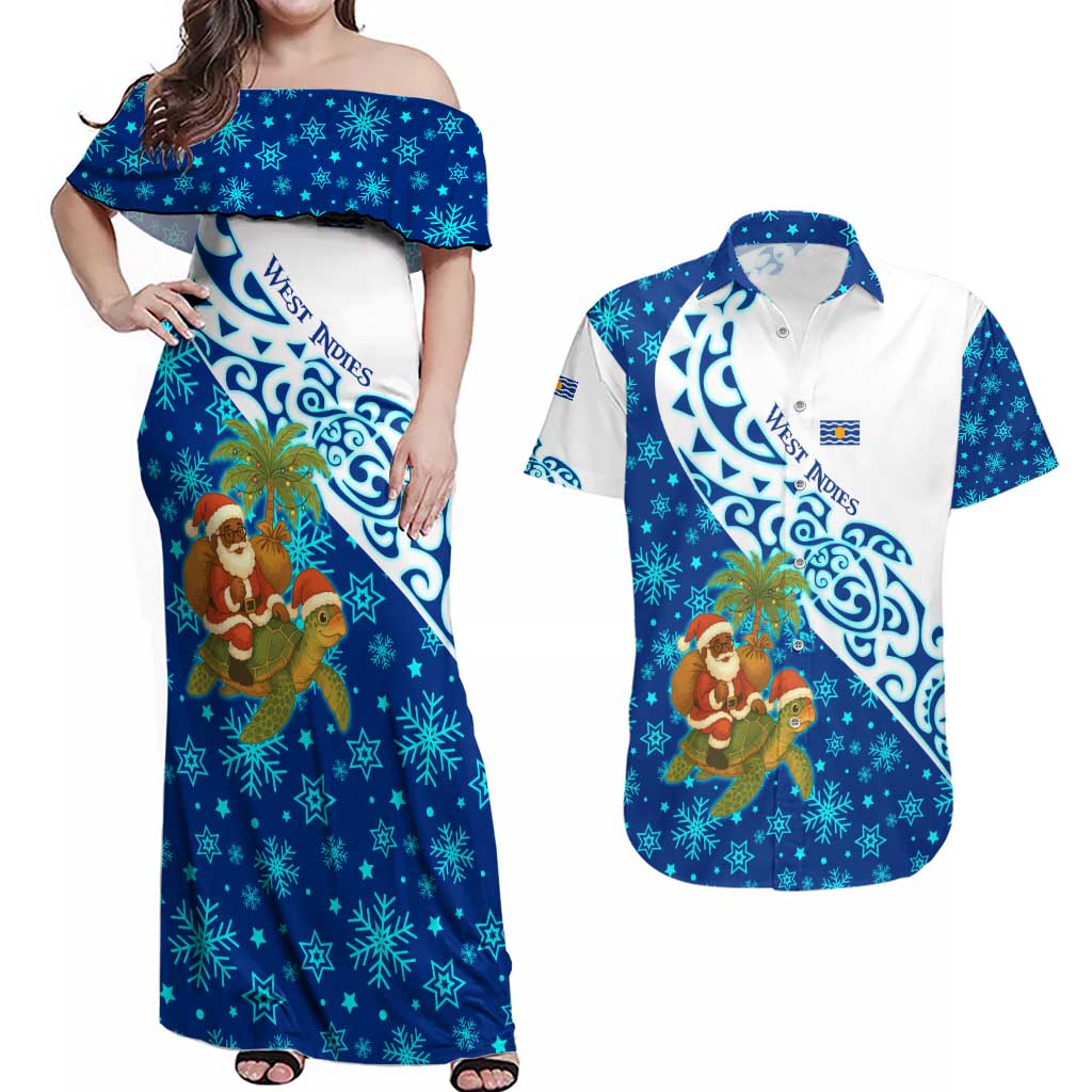 West Indies Christmas Couples Matching Off Shoulder Maxi Dress and Hawaiian Shirt with Santa Riding Turtle Palm Tree and Tribal Snowflake Design - Wonder Print Shop