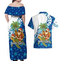 West Indies Christmas Couples Matching Off Shoulder Maxi Dress and Hawaiian Shirt with Santa Riding Turtle Palm Tree and Tribal Snowflake Design - Wonder Print Shop