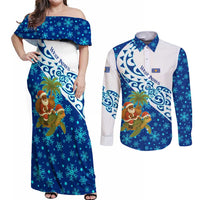 West Indies Christmas Couples Matching Off Shoulder Maxi Dress and Long Sleeve Button Shirt with Santa Riding Turtle Palm Tree and Tribal Snowflake Design - Wonder Print Shop