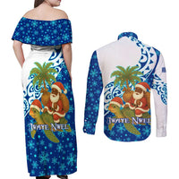 West Indies Christmas Couples Matching Off Shoulder Maxi Dress and Long Sleeve Button Shirt with Santa Riding Turtle Palm Tree and Tribal Snowflake Design - Wonder Print Shop
