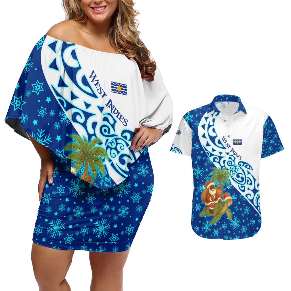 West Indies Christmas Couples Matching Off Shoulder Short Dress and Hawaiian Shirt with Santa Riding Turtle Palm Tree and Tribal Snowflake Design - Wonder Print Shop
