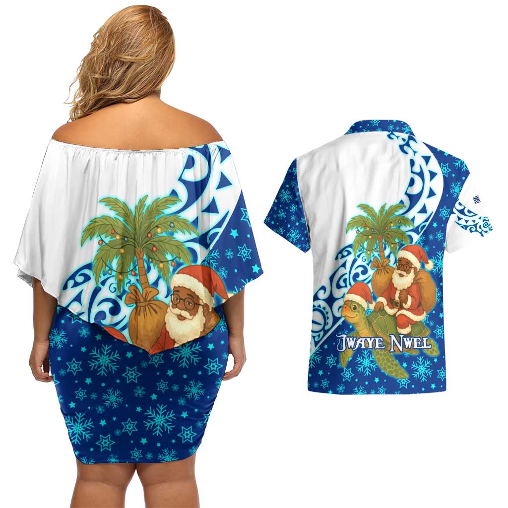 West Indies Christmas Couples Matching Off Shoulder Short Dress and Hawaiian Shirt with Santa Riding Turtle Palm Tree and Tribal Snowflake Design - Wonder Print Shop