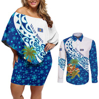 West Indies Christmas Couples Matching Off Shoulder Short Dress and Long Sleeve Button Shirt with Santa Riding Turtle Palm Tree and Tribal Snowflake Design - Wonder Print Shop
