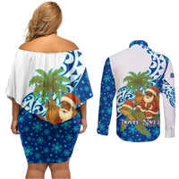 West Indies Christmas Couples Matching Off Shoulder Short Dress and Long Sleeve Button Shirt with Santa Riding Turtle Palm Tree and Tribal Snowflake Design - Wonder Print Shop
