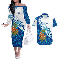 West Indies Christmas Couples Matching Off The Shoulder Long Sleeve Dress and Hawaiian Shirt with Santa Riding Turtle Palm Tree and Tribal Snowflake Design - Wonder Print Shop