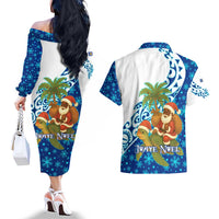 West Indies Christmas Couples Matching Off The Shoulder Long Sleeve Dress and Hawaiian Shirt with Santa Riding Turtle Palm Tree and Tribal Snowflake Design - Wonder Print Shop