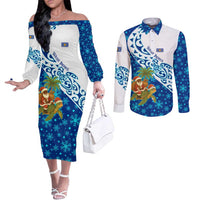 West Indies Christmas Couples Matching Off The Shoulder Long Sleeve Dress and Long Sleeve Button Shirt with Santa Riding Turtle Palm Tree and Tribal Snowflake Design - Wonder Print Shop