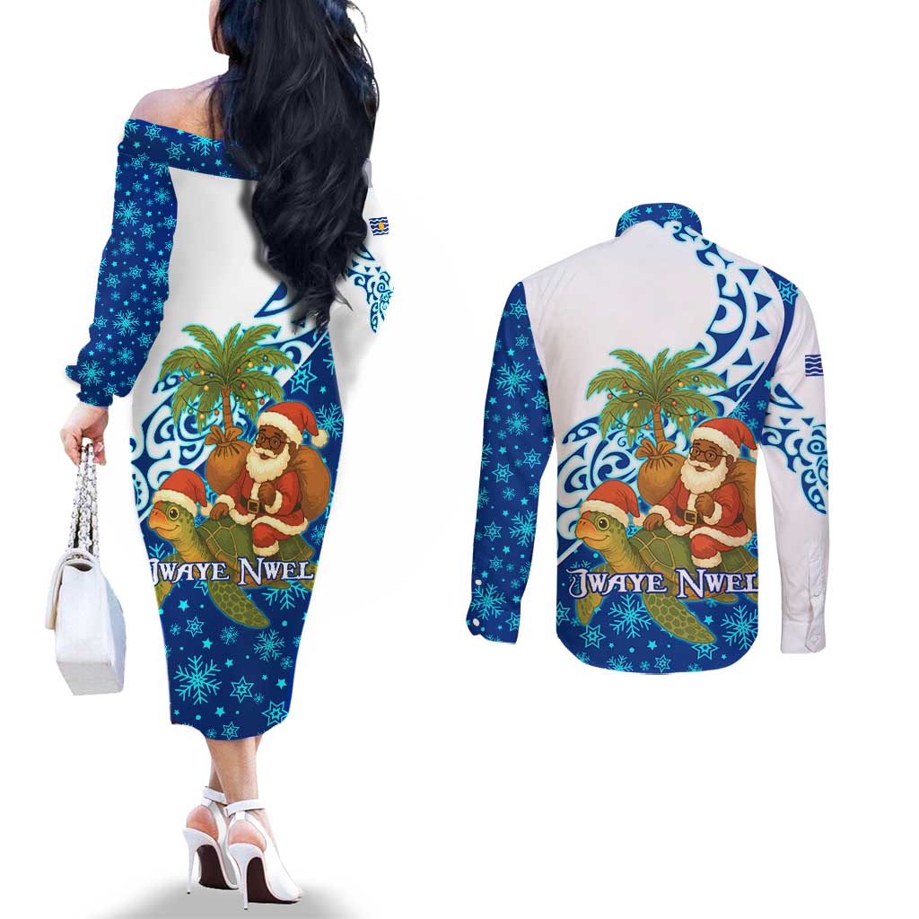 West Indies Christmas Couples Matching Off The Shoulder Long Sleeve Dress and Long Sleeve Button Shirt with Santa Riding Turtle Palm Tree and Tribal Snowflake Design - Wonder Print Shop