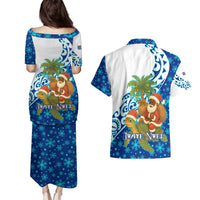 West Indies Christmas Couples Matching Puletasi and Hawaiian Shirt with Santa Riding Turtle Palm Tree and Tribal Snowflake Design - Wonder Print Shop