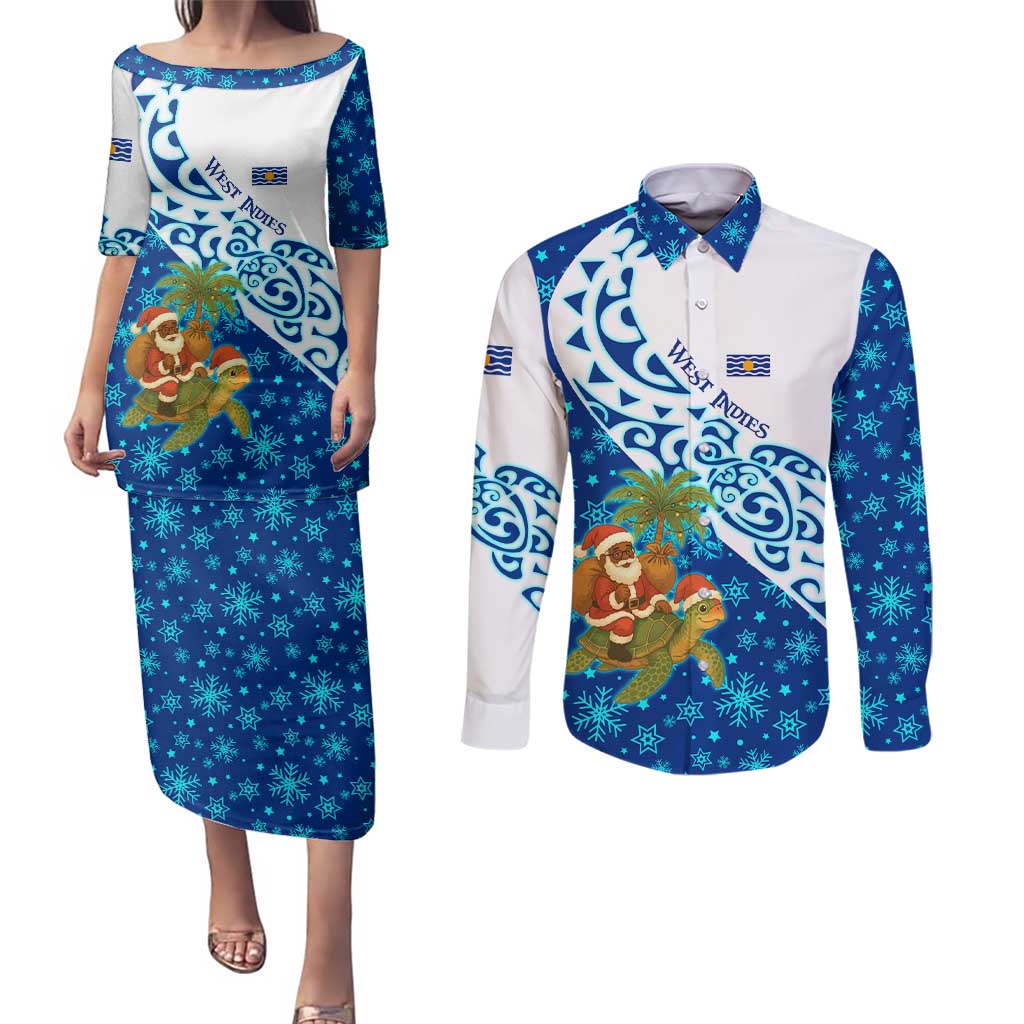 West Indies Christmas Couples Matching Puletasi and Long Sleeve Button Shirt with Santa Riding Turtle Palm Tree and Tribal Snowflake Design - Wonder Print Shop
