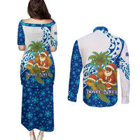 West Indies Christmas Couples Matching Puletasi and Long Sleeve Button Shirt with Santa Riding Turtle Palm Tree and Tribal Snowflake Design - Wonder Print Shop