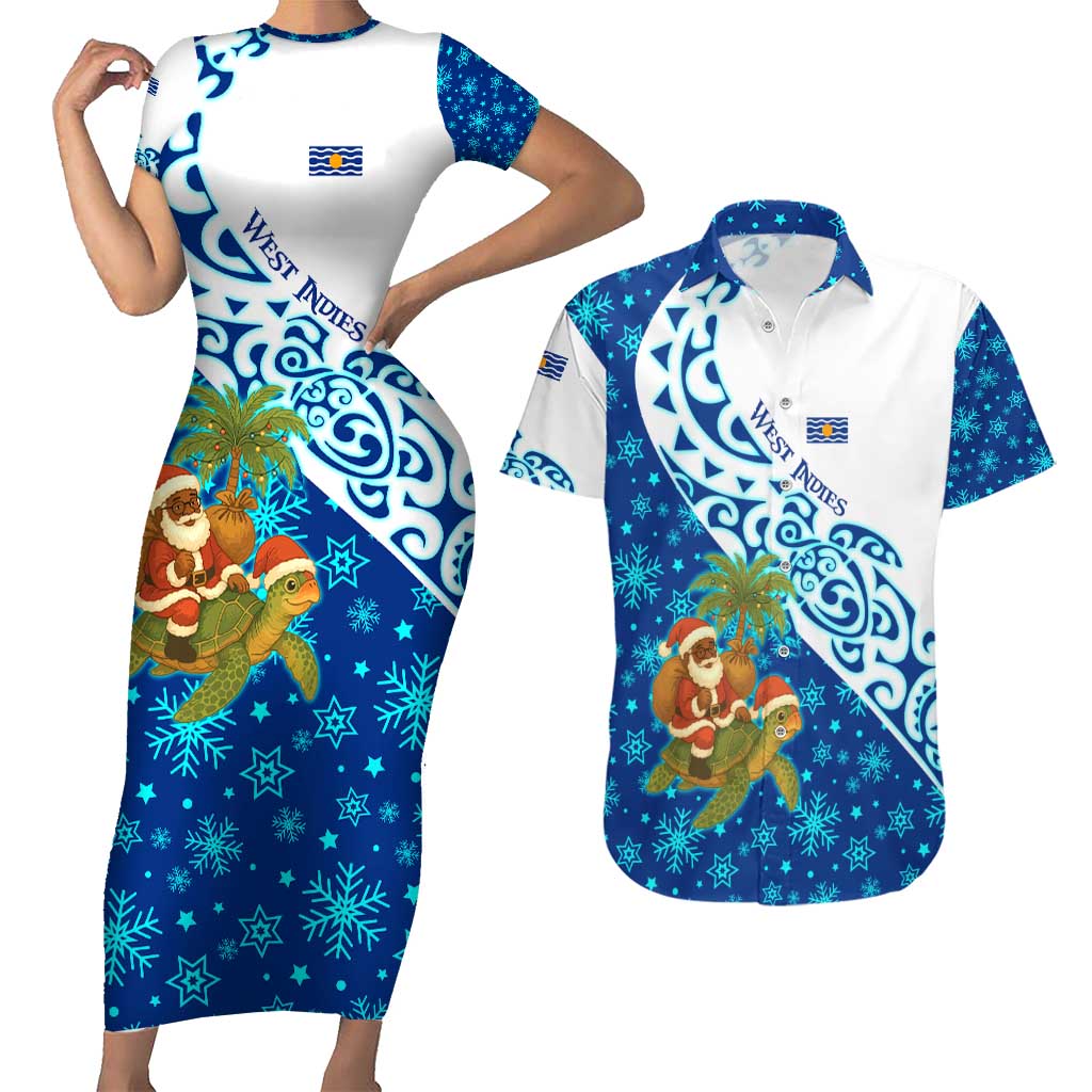 West Indies Christmas Couples Matching Short Sleeve Bodycon Dress and Hawaiian Shirt with Santa Riding Turtle Palm Tree and Tribal Snowflake Design - Wonder Print Shop