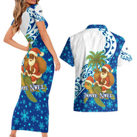West Indies Christmas Couples Matching Short Sleeve Bodycon Dress and Hawaiian Shirt with Santa Riding Turtle Palm Tree and Tribal Snowflake Design - Wonder Print Shop