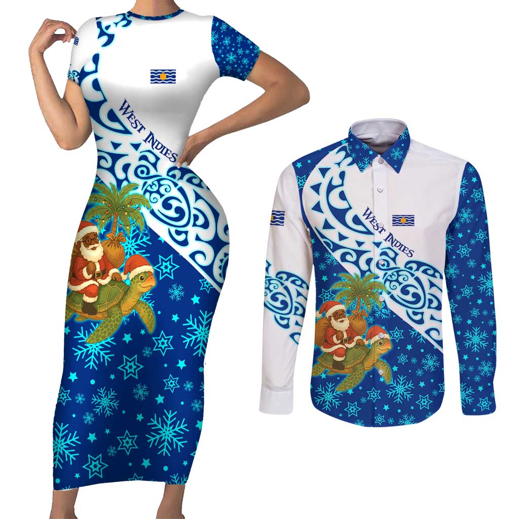 West Indies Christmas Couples Matching Short Sleeve Bodycon Dress and Long Sleeve Button Shirt with Santa Riding Turtle Palm Tree and Tribal Snowflake Design - Wonder Print Shop