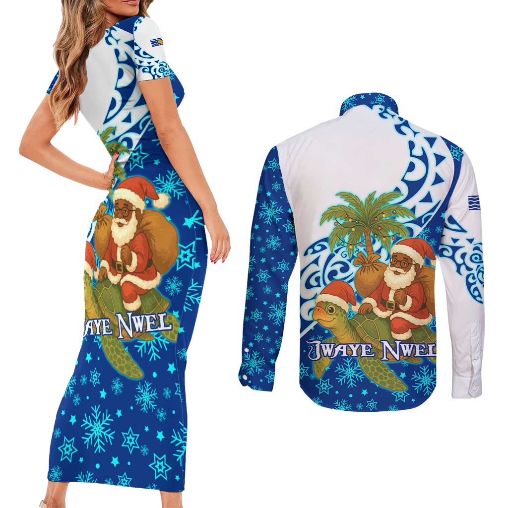 West Indies Christmas Couples Matching Short Sleeve Bodycon Dress and Long Sleeve Button Shirt with Santa Riding Turtle Palm Tree and Tribal Snowflake Design - Wonder Print Shop