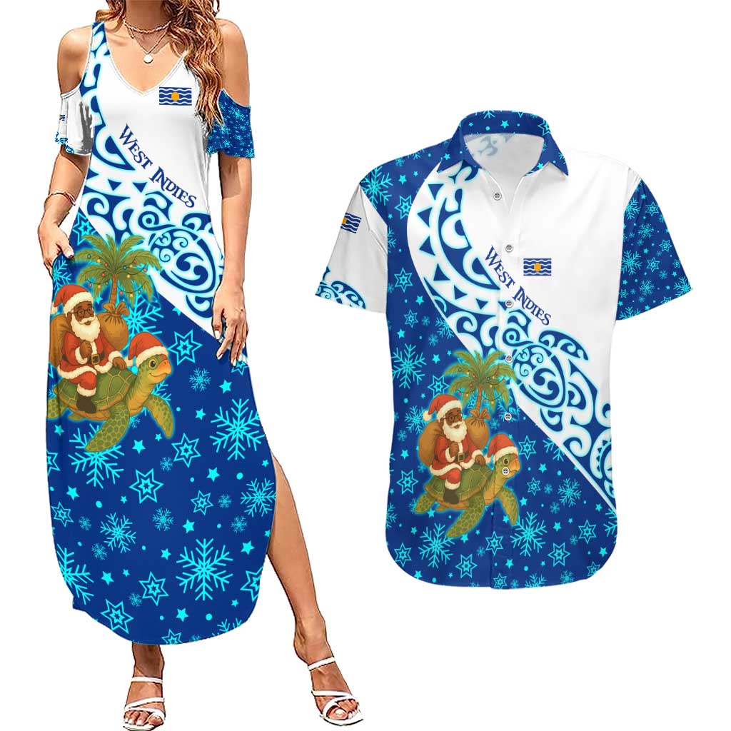 West Indies Christmas Couples Matching Summer Maxi Dress and Hawaiian Shirt with Santa Riding Turtle Palm Tree and Tribal Snowflake Design - Wonder Print Shop