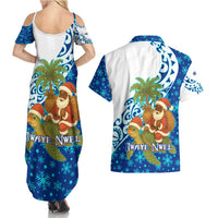 West Indies Christmas Couples Matching Summer Maxi Dress and Hawaiian Shirt with Santa Riding Turtle Palm Tree and Tribal Snowflake Design - Wonder Print Shop