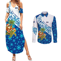 West Indies Christmas Couples Matching Summer Maxi Dress and Long Sleeve Button Shirt with Santa Riding Turtle Palm Tree and Tribal Snowflake Design - Wonder Print Shop
