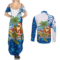 West Indies Christmas Couples Matching Summer Maxi Dress and Long Sleeve Button Shirt with Santa Riding Turtle Palm Tree and Tribal Snowflake Design - Wonder Print Shop