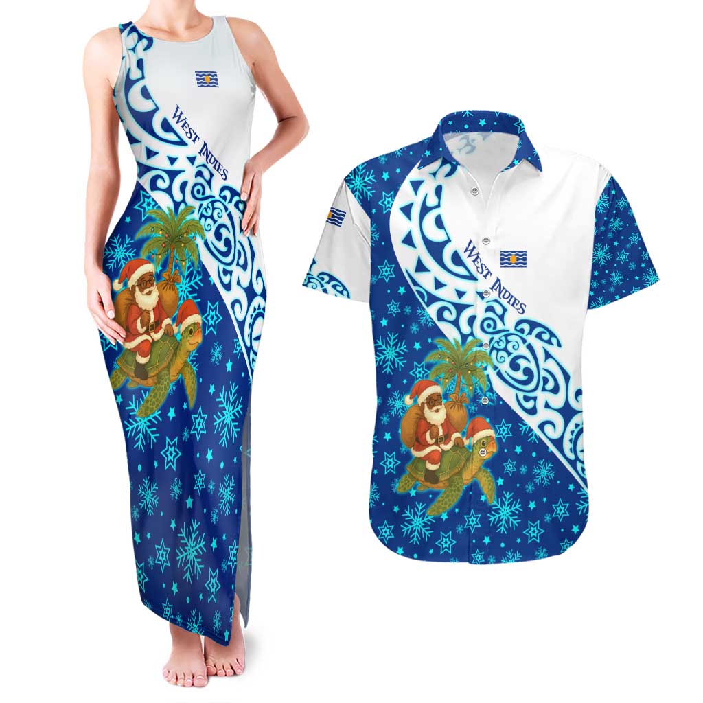 West Indies Christmas Couples Matching Tank Maxi Dress and Hawaiian Shirt with Santa Riding Turtle Palm Tree and Tribal Snowflake Design - Wonder Print Shop