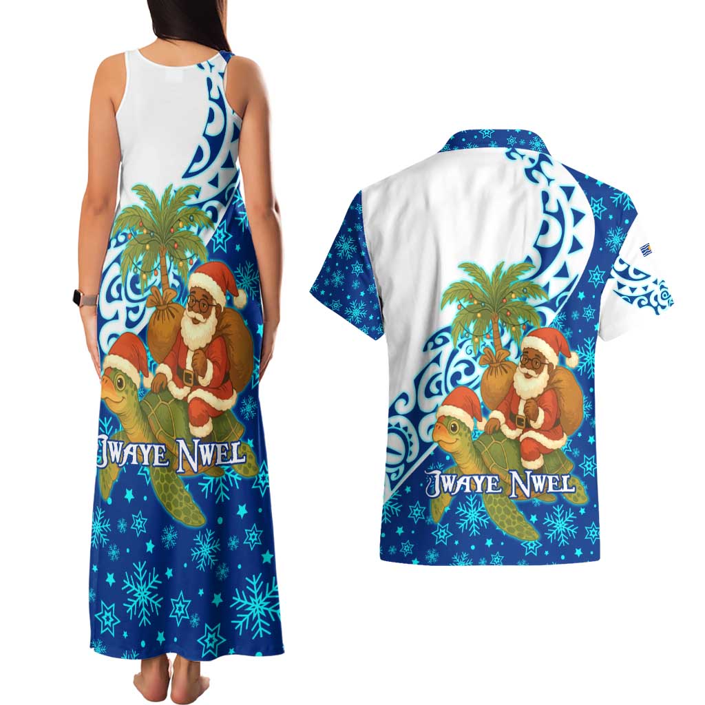West Indies Christmas Couples Matching Tank Maxi Dress and Hawaiian Shirt with Santa Riding Turtle Palm Tree and Tribal Snowflake Design - Wonder Print Shop