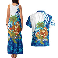 West Indies Christmas Couples Matching Tank Maxi Dress and Hawaiian Shirt with Santa Riding Turtle Palm Tree and Tribal Snowflake Design - Wonder Print Shop