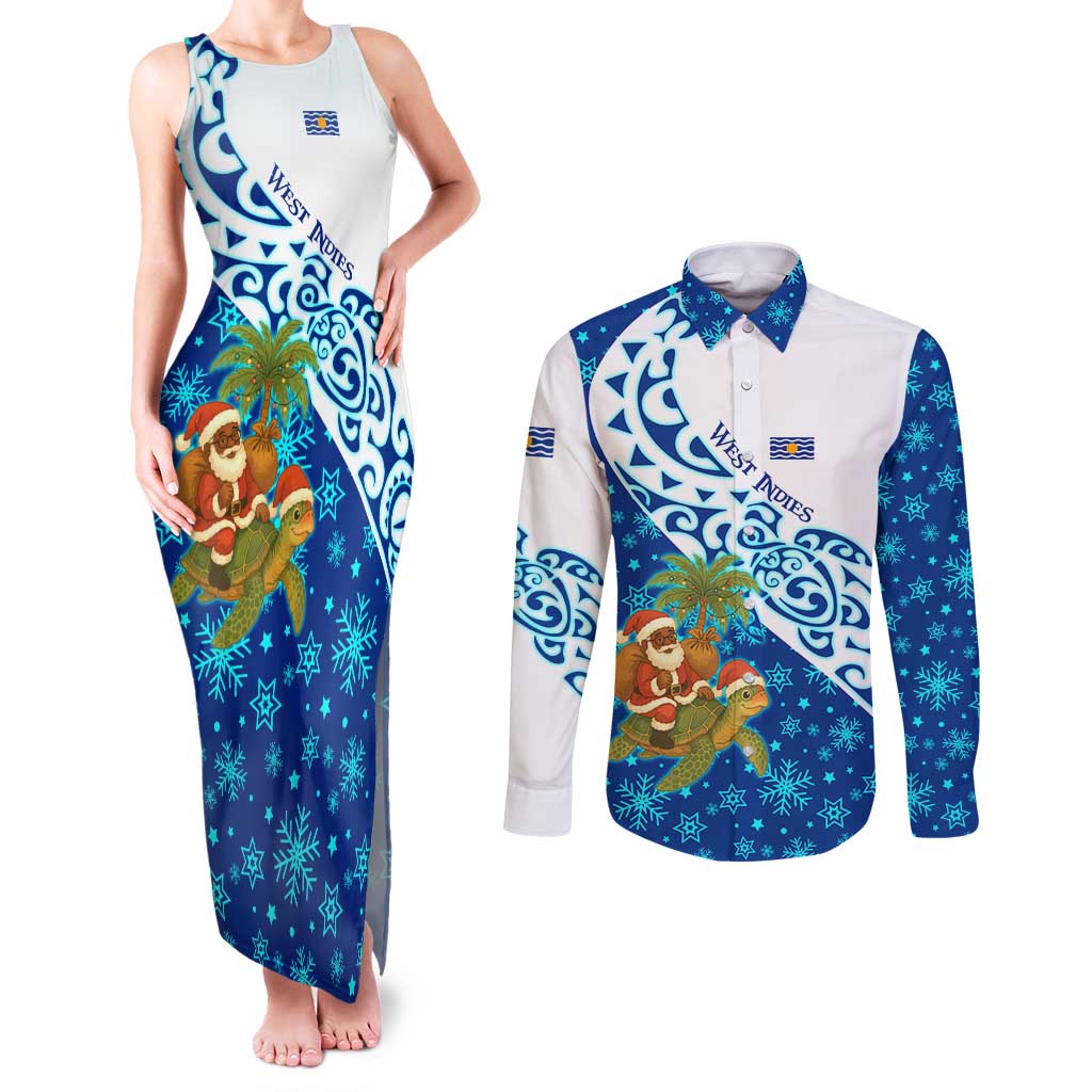West Indies Christmas Couples Matching Tank Maxi Dress and Long Sleeve Button Shirt with Santa Riding Turtle Palm Tree and Tribal Snowflake Design - Wonder Print Shop