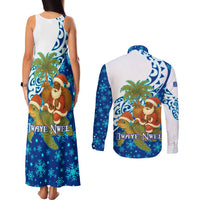 West Indies Christmas Couples Matching Tank Maxi Dress and Long Sleeve Button Shirt with Santa Riding Turtle Palm Tree and Tribal Snowflake Design - Wonder Print Shop
