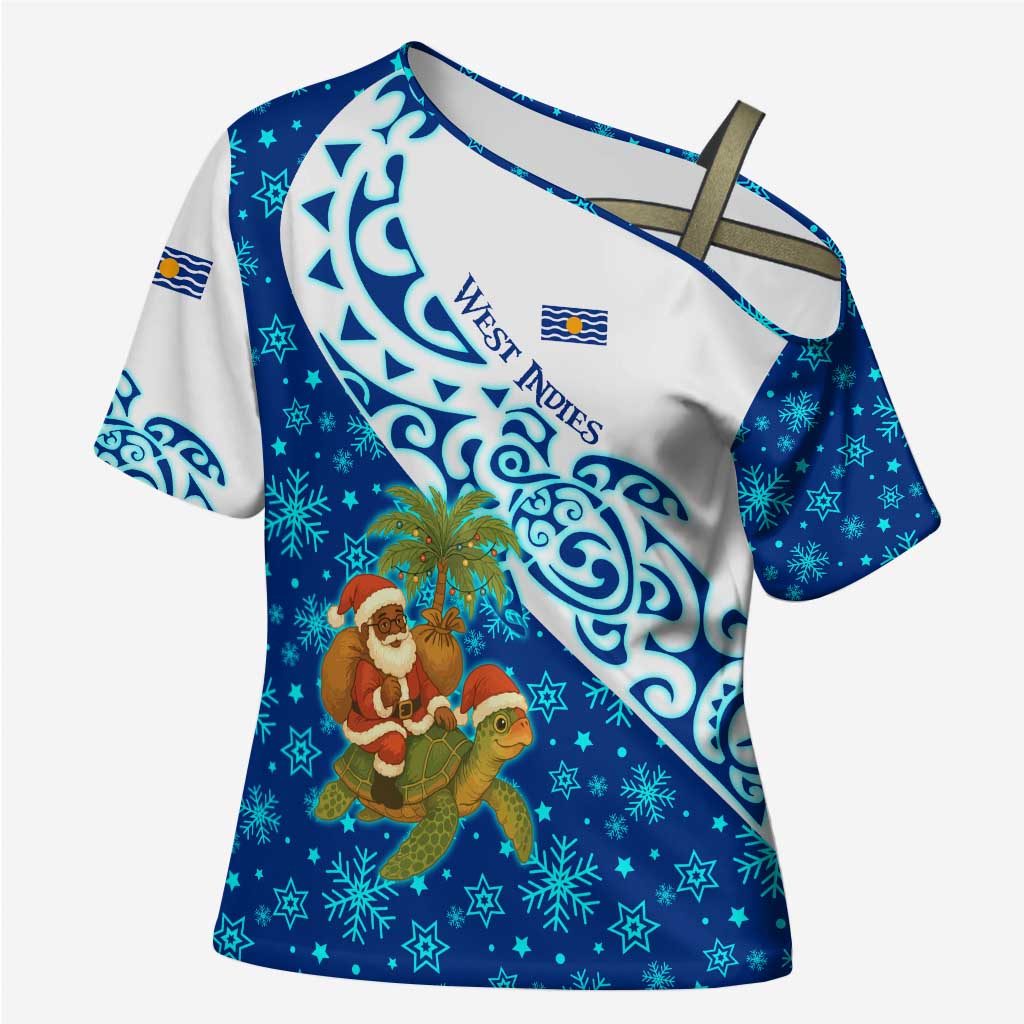 West Indies Christmas Cross Shoulder Shirt with Santa Riding Turtle Palm Tree and Tribal Snowflake Design - Wonder Print Shop