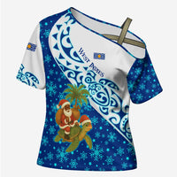 West Indies Christmas Cross Shoulder Shirt with Santa Riding Turtle Palm Tree and Tribal Snowflake Design - Wonder Print Shop