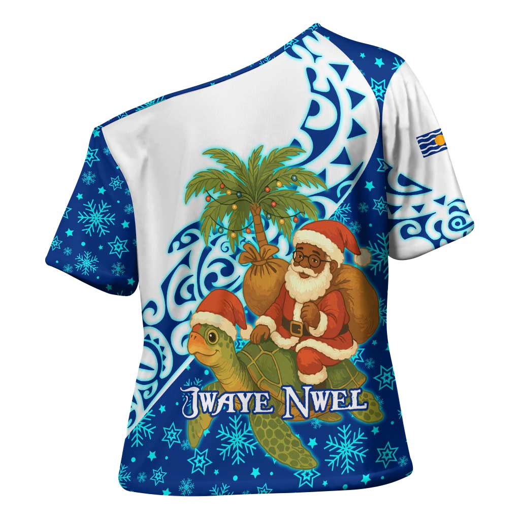 West Indies Christmas Cross Shoulder Shirt with Santa Riding Turtle Palm Tree and Tribal Snowflake Design - Wonder Print Shop