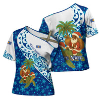 West Indies Christmas Cross Shoulder Shirt with Santa Riding Turtle Palm Tree and Tribal Snowflake Design - Wonder Print Shop