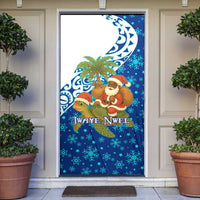 West Indies Christmas Door Cover with Santa Riding Turtle Palm Tree and Tribal Snowflake Design - Wonder Print Shop