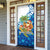 West Indies Christmas Door Cover with Santa Riding Turtle Palm Tree and Tribal Snowflake Design - Wonder Print Shop