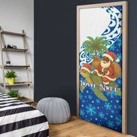 West Indies Christmas Door Cover with Santa Riding Turtle Palm Tree and Tribal Snowflake Design - Wonder Print Shop