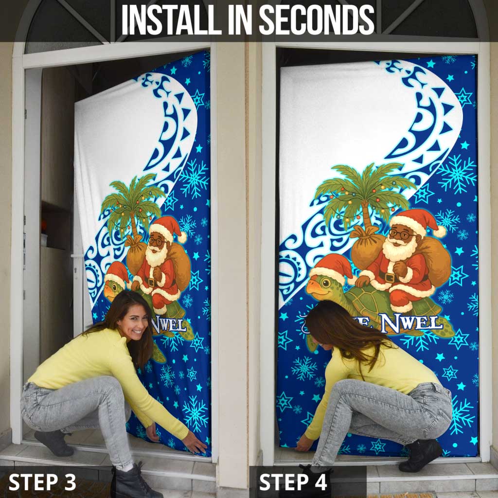 West Indies Christmas Door Cover with Santa Riding Turtle Palm Tree and Tribal Snowflake Design - Wonder Print Shop