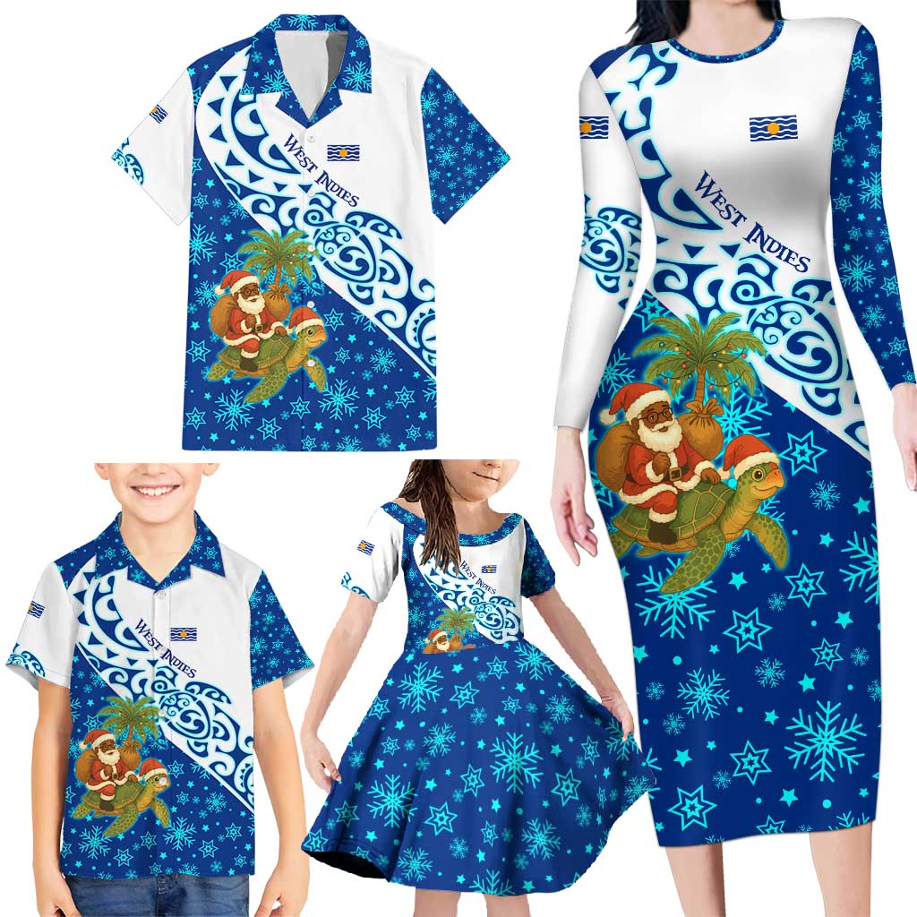 West Indies Christmas Family Matching Long Sleeve Bodycon Dress and Hawaiian Shirt with Santa Riding Turtle Palm Tree and Tribal Snowflake Design - Wonder Print Shop