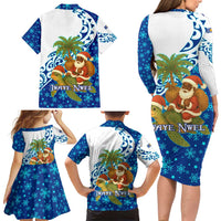West Indies Christmas Family Matching Long Sleeve Bodycon Dress and Hawaiian Shirt with Santa Riding Turtle Palm Tree and Tribal Snowflake Design - Wonder Print Shop