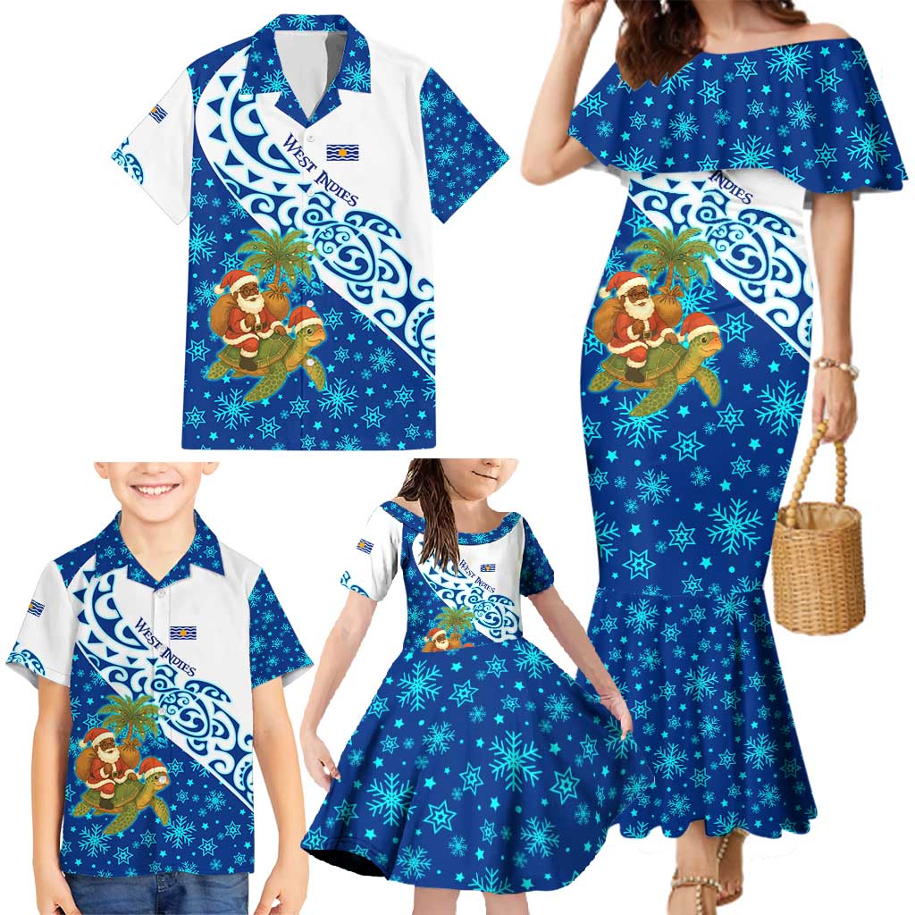 West Indies Christmas Family Matching Mermaid Dress and Hawaiian Shirt with Santa Riding Turtle Palm Tree and Tribal Snowflake Design - Wonder Print Shop