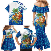 West Indies Christmas Family Matching Mermaid Dress and Hawaiian Shirt with Santa Riding Turtle Palm Tree and Tribal Snowflake Design - Wonder Print Shop
