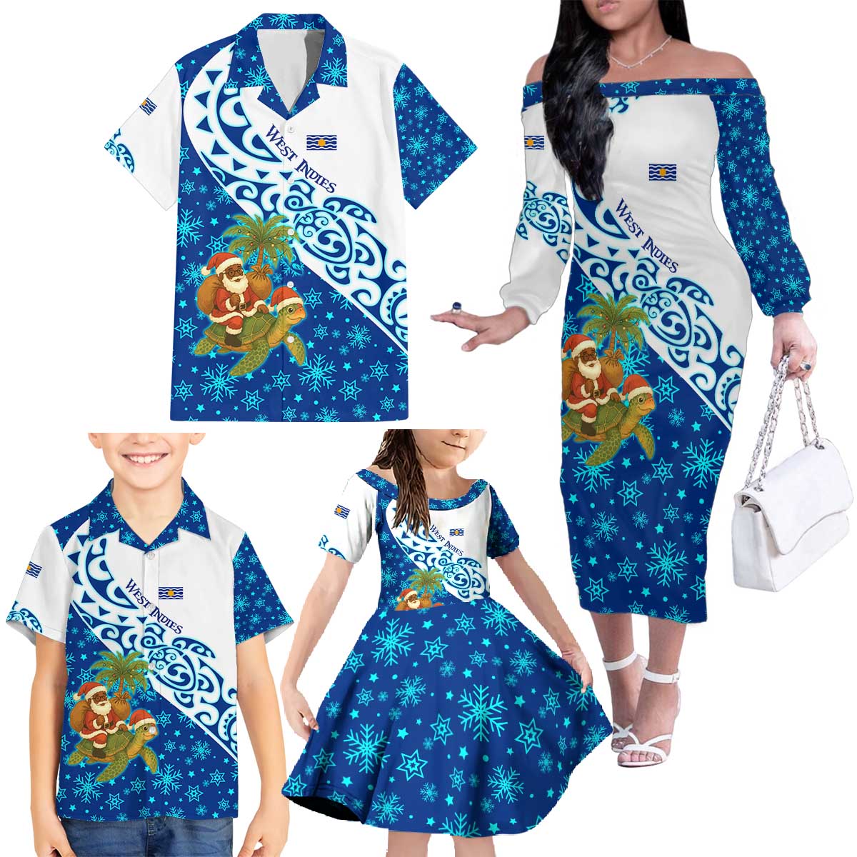 West Indies Christmas Family Matching Off The Shoulder Long Sleeve Dress and Hawaiian Shirt with Santa Riding Turtle Palm Tree and Tribal Snowflake Design - Wonder Print Shop