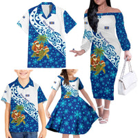 West Indies Christmas Family Matching Off The Shoulder Long Sleeve Dress and Hawaiian Shirt with Santa Riding Turtle Palm Tree and Tribal Snowflake Design - Wonder Print Shop